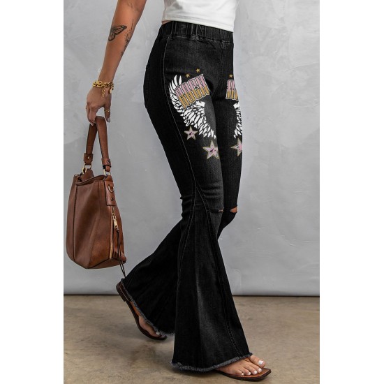 Black Rock Roll Wings Print Raw Hem Ripped Flare Jeans