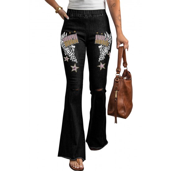 Black Rock Roll Wings Print Raw Hem Ripped Flare Jeans