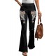 Black Rock Roll Wings Print Raw Hem Ripped Flare Jeans