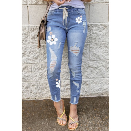 Sky Blue Floral Print Distressed Drawstring High Waist Ankle Jeans