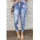 Sky Blue Floral Print Distressed Drawstring High Waist Ankle Jeans