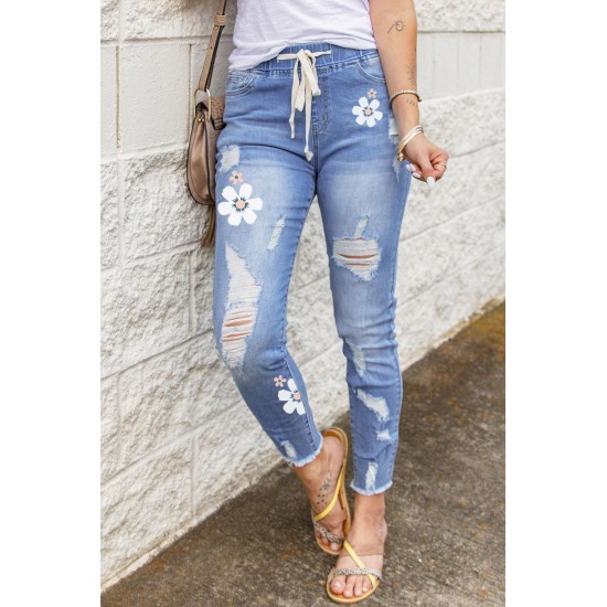 Sky Blue Floral Print Distressed Drawstring High Waist Ankle Jeans