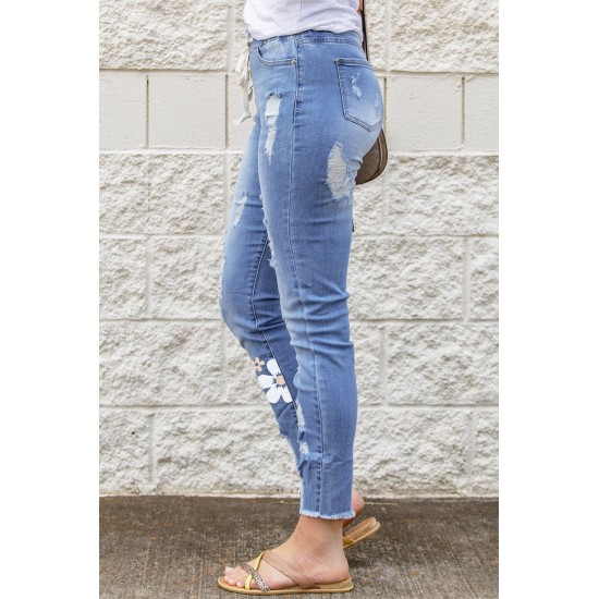 Sky Blue Floral Print Distressed Drawstring High Waist Ankle Jeans