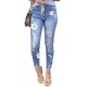 Sky Blue Floral Print Distressed Drawstring High Waist Ankle Jeans