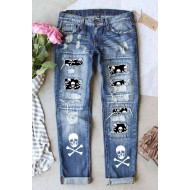 Sky Blue Skull Print Patchwork Distressed Jeans