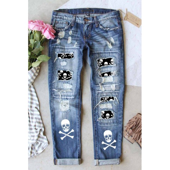 Sky Blue Skull Print Patchwork Distressed Jeans