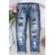 Sky Blue Skull Print Patchwork Distressed Jeans