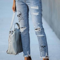 Sky Blue Skull Print Distressed High Waist Slim Fit Boyfriend Jeans