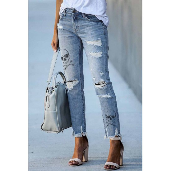 Sky Blue Skull Print Distressed High Waist Slim Fit Boyfriend Jeans