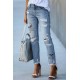 Sky Blue Skull Print Distressed High Waist Slim Fit Boyfriend Jeans