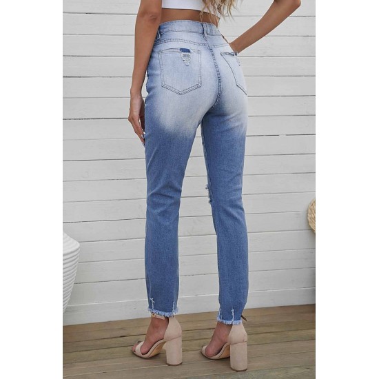 Sky Blue Skull Print Distressed High Waist Slim Fit Boyfriend Jeans