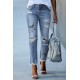 Sky Blue Skull Print Distressed High Waist Slim Fit Boyfriend Jeans