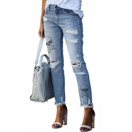 Sky Blue Skull Print Distressed High Waist Slim Fit Boyfriend Jeans