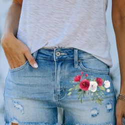 Sky Blue Floral Print Split Distressed High Waist Denim Short