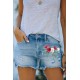 Sky Blue Floral Print Split Distressed High Waist Denim Short