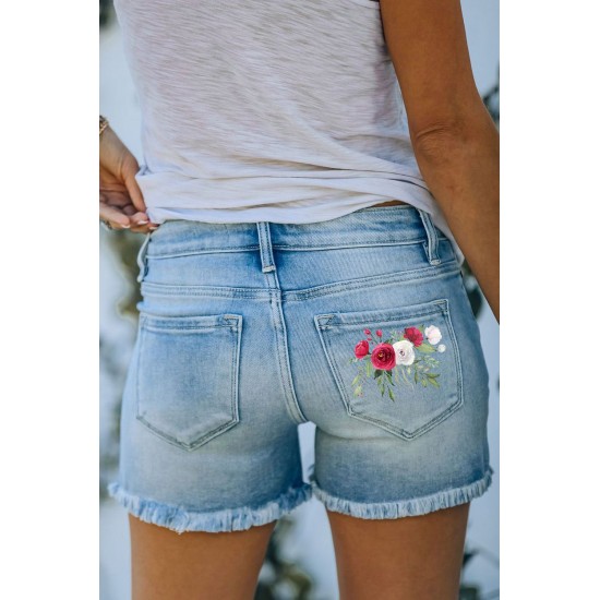 Sky Blue Floral Print Split Distressed High Waist Denim Short