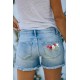 Sky Blue Floral Print Split Distressed High Waist Denim Short