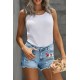 Sky Blue Floral Print Split Distressed High Waist Denim Short