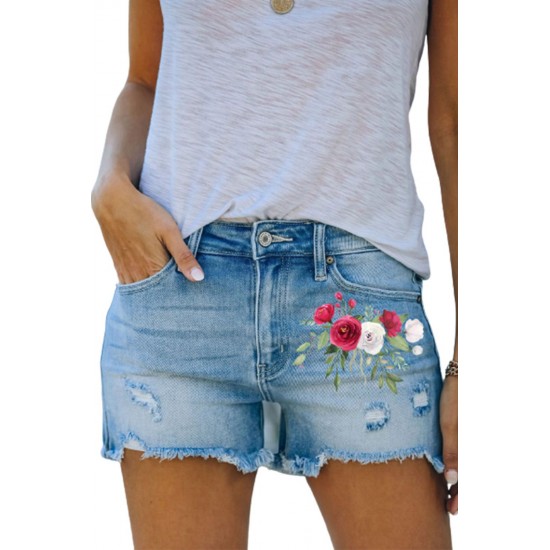 Sky Blue Floral Print Split Distressed High Waist Denim Short