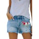 Sky Blue Floral Print Split Distressed High Waist Denim Short