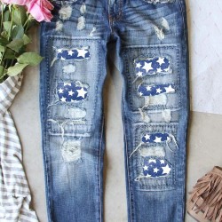 Sky Blue Star Print Patchwork Mid Waist Distressed Jeans