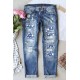 Sky Blue Star Print Patchwork Mid Waist Distressed Jeans