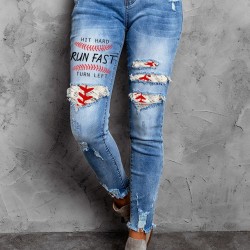 Sky Blue Baseball Letter Print Splicing Skinny High Waist Ankle Jeans