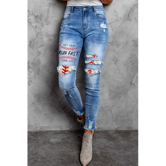 Sky Blue Baseball Letter Print Splicing Skinny High Waist Ankle Jeans