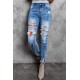 Sky Blue Baseball Letter Print Splicing Skinny High Waist Ankle Jeans