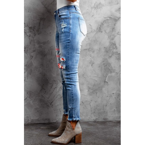 Sky Blue Baseball Letter Print Splicing Skinny High Waist Ankle Jeans