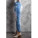 Sky Blue Baseball Letter Print Splicing Skinny High Waist Ankle Jeans