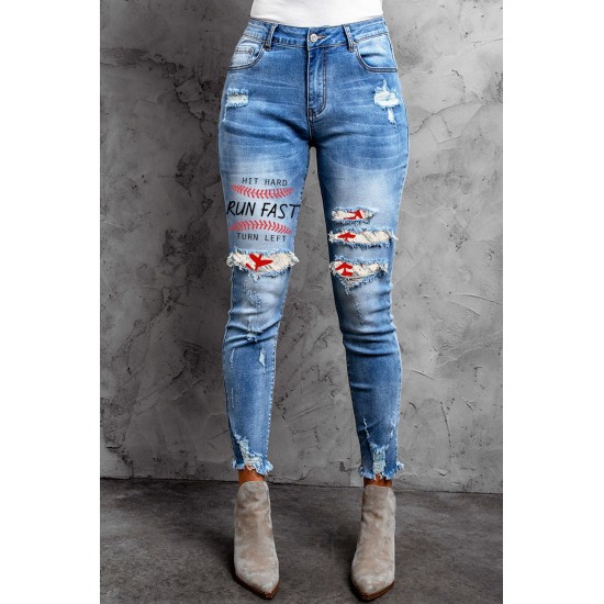 Sky Blue Baseball Letter Print Splicing Skinny High Waist Ankle Jeans