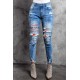 Sky Blue Baseball Letter Print Splicing Skinny High Waist Ankle Jeans