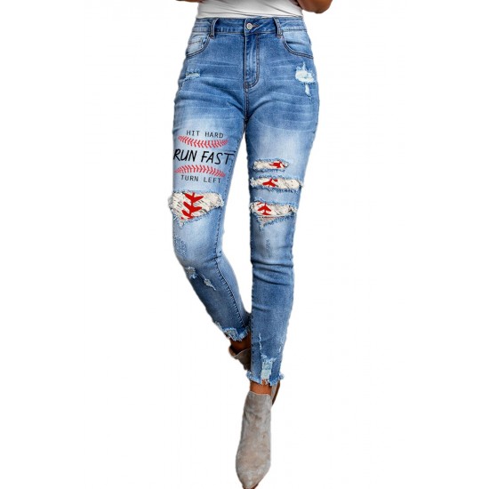 Sky Blue Baseball Letter Print Splicing Skinny High Waist Ankle Jeans