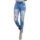 Sky Blue Baseball Letter Print Splicing Skinny High Waist Ankle Jeans