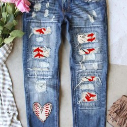 Sky Blue Baseball Heart Print Patchwork Distressed Jeans