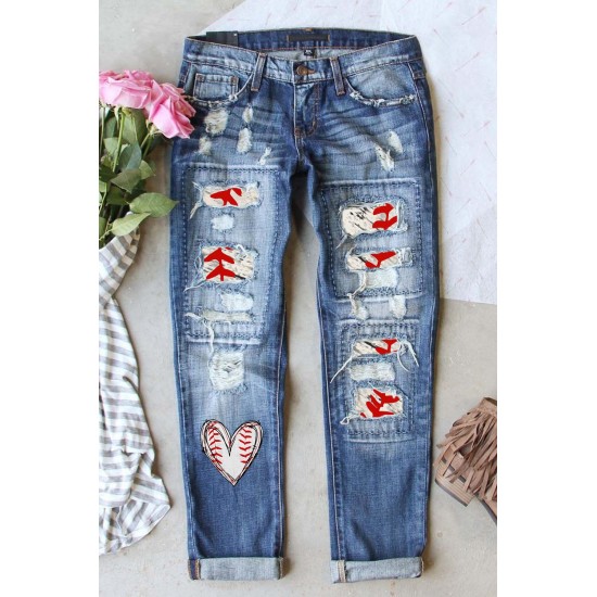 Sky Blue Baseball Heart Print Patchwork Distressed Jeans