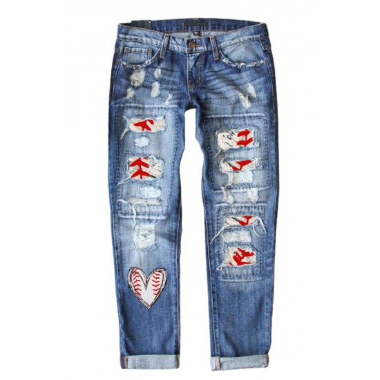 Sky Blue Baseball Heart Print Patchwork Distressed Jeans