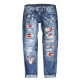 Sky Blue Baseball Heart Print Patchwork Distressed Jeans