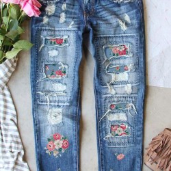 Sky Blue Floral Print Contrast Distressed Mid Waist Jeans