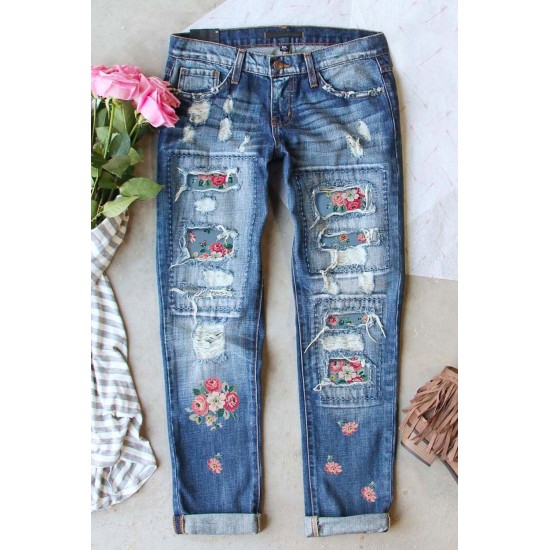 Sky Blue Floral Print Contrast Distressed Mid Waist Jeans