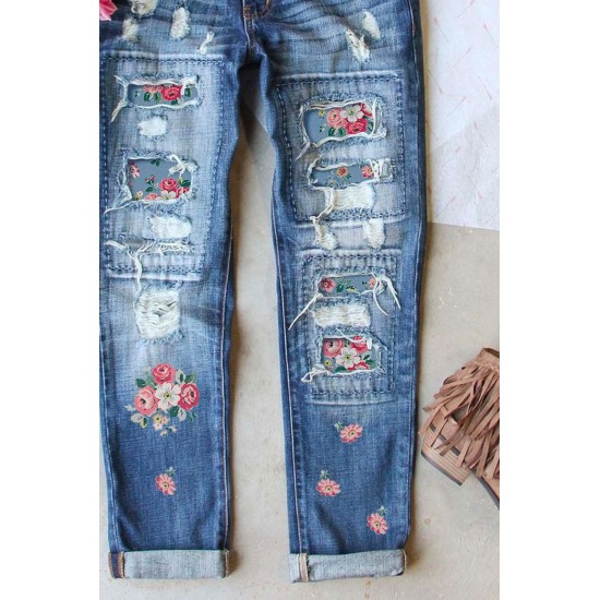 Sky Blue Floral Print Contrast Distressed Mid Waist Jeans