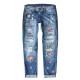 Sky Blue Floral Print Contrast Distressed Mid Waist Jeans