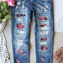 Sky Blue Floral Print Patchwork Distressed Straight Leg Jeans