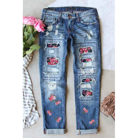 Sky Blue Floral Print Patchwork Distressed Straight Leg Jeans