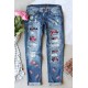 Sky Blue Floral Print Patchwork Distressed Straight Leg Jeans