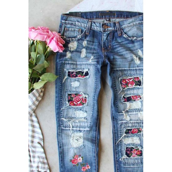 Sky Blue Floral Print Patchwork Distressed Straight Leg Jeans