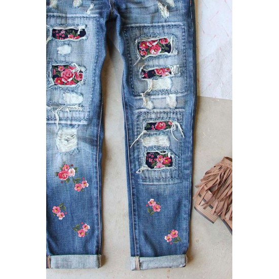 Sky Blue Floral Print Patchwork Distressed Straight Leg Jeans