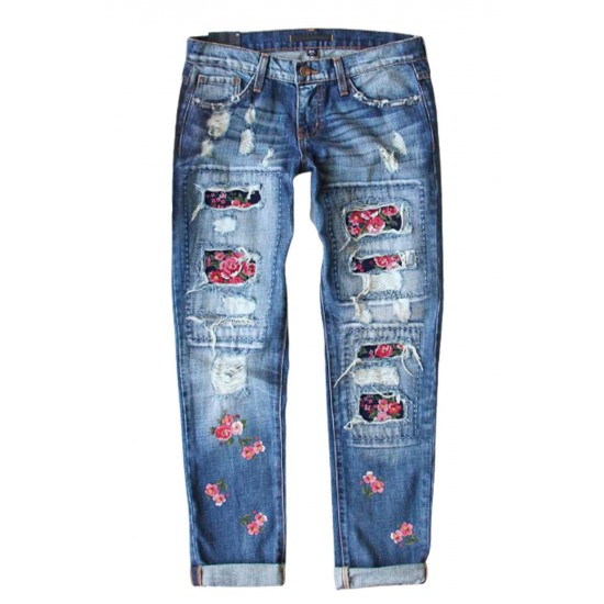 Sky Blue Floral Print Patchwork Distressed Straight Leg Jeans