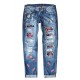 Sky Blue Floral Print Patchwork Distressed Straight Leg Jeans